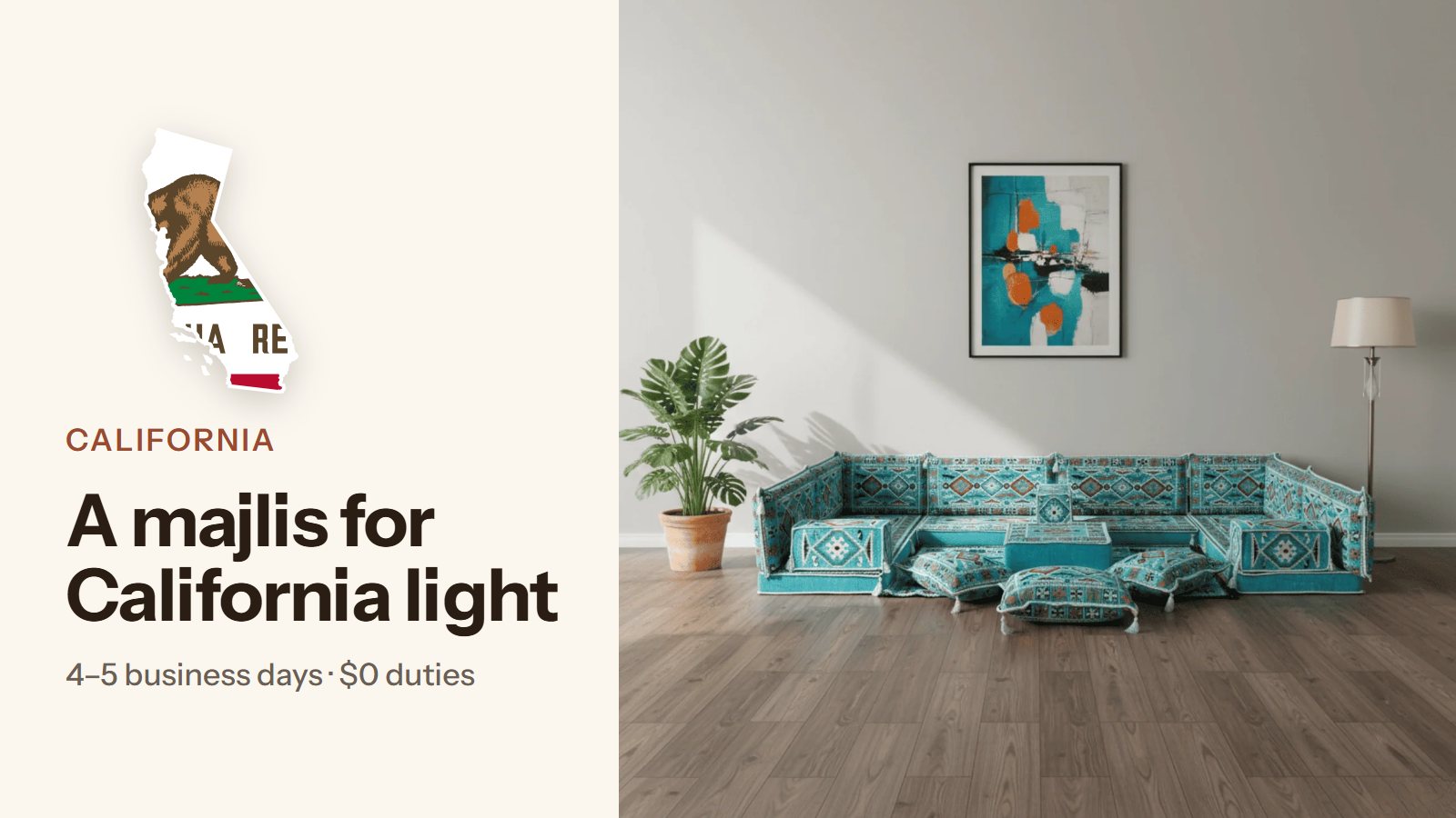 Arabic Floor Sofa in California: Open-Plan Rooms, Bay Windows, and Bright Light