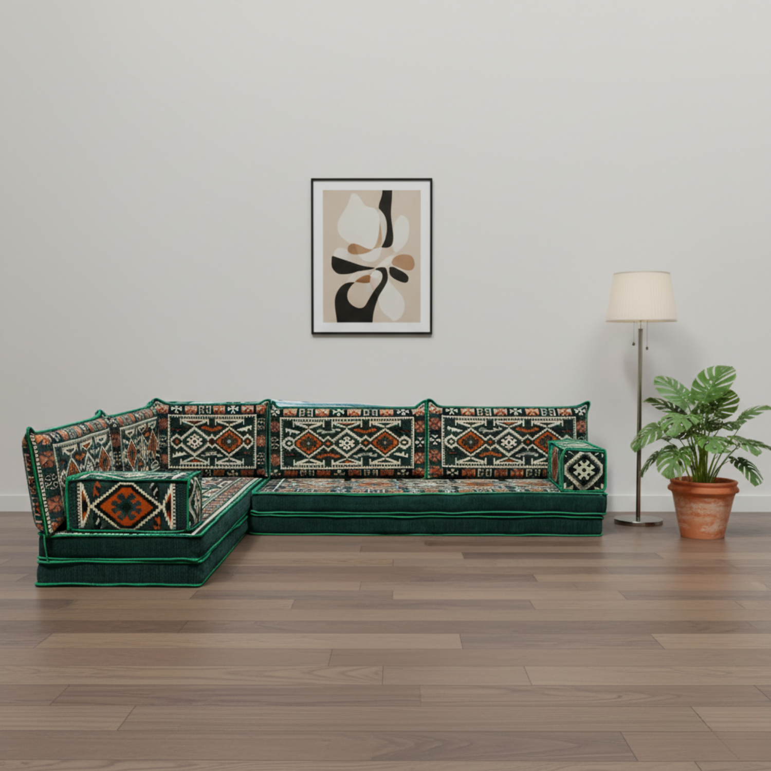 Arabic Floor Sofa Set – Green L Shaped Majlis Sectional with 8 Inch Cushions