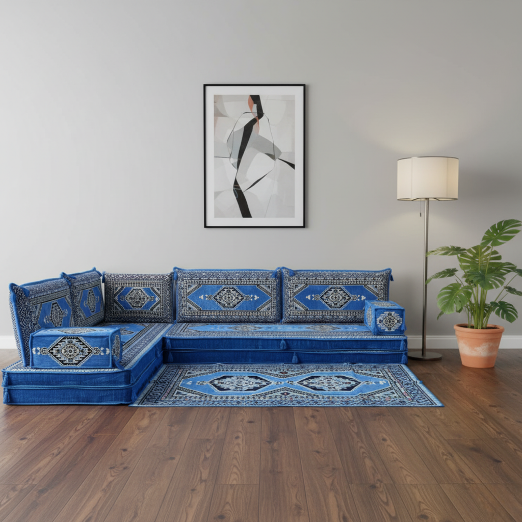 Arabic Floor Sofa Set – Blue L Shaped Majlis Sectional with 8 Inch Cushions