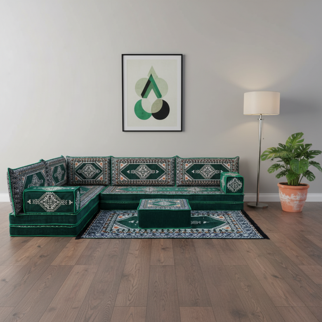 Arabic Floor Sofa Set – Green L Shaped Majlis Sectional with 8 Inch Cushions