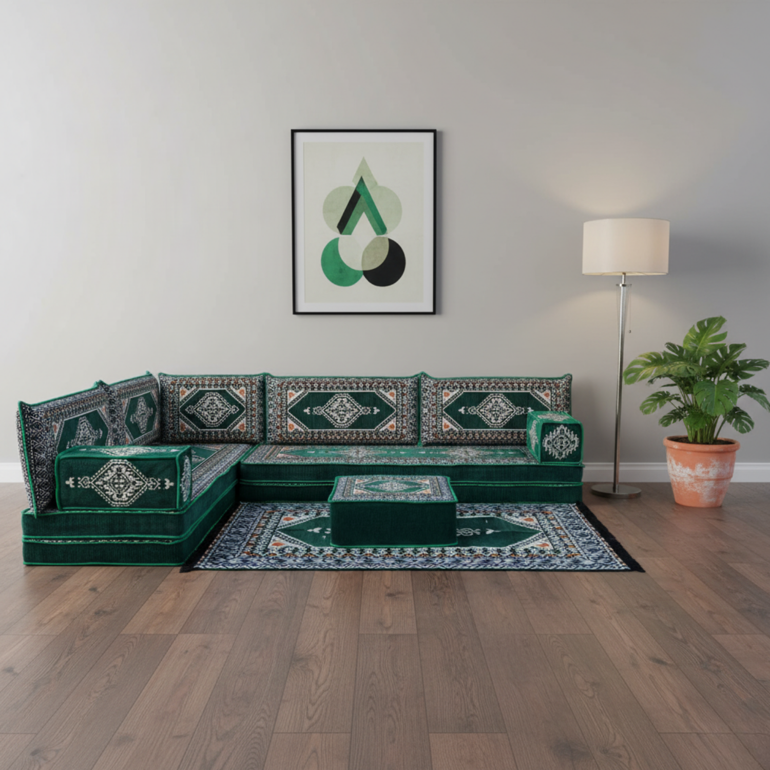 Arabic Floor Sofa Set – Green L Shaped Majlis Sectional with 8 Inch Cushions