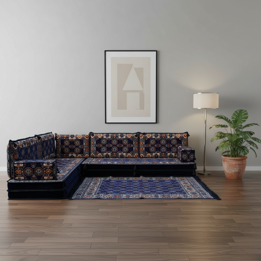 Arabic Floor Sofa Set – Navy L Shaped Majlis Sectional with 8 Inch Cushions