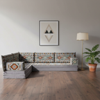 Arabic Floor Sofa Set – Gray L Shaped Majlis Sectional with 8 Inch Cushions