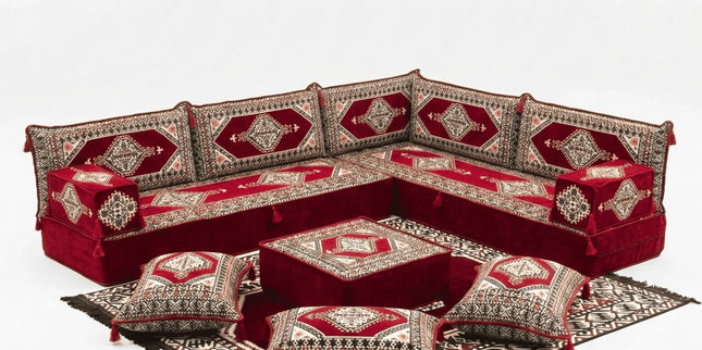 Arabic Floor Sofa Set – Maroon L Shaped Majlis Sectional with 8 Inch Cushions