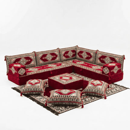 Arabic Floor Sofa Set – Maroon L Shaped Majlis Sectional with 8 Inch Cushions