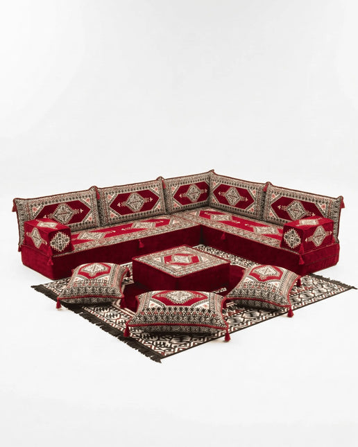 Arabic Floor Sofa Set – Maroon L Shaped Majlis Sectional with 8 Inch Cushions