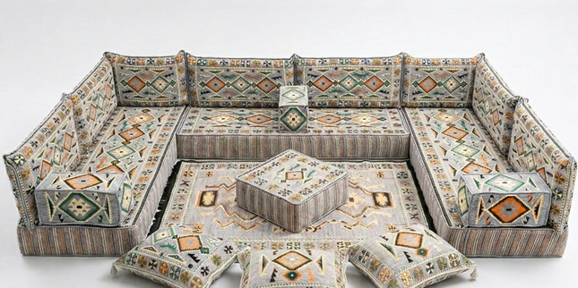 Arabic Floor Sofa Set – Gray U Shaped Majlis Sectional with 8 Inch Cushions