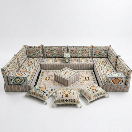 Arabic Floor Sofa Set – Gray U Shaped Majlis Sectional with 8 Inch Cushions