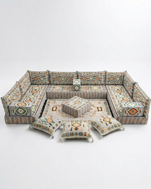 Arabic Floor Sofa Set – Gray U Shaped Majlis Sectional with 8 Inch Cushions