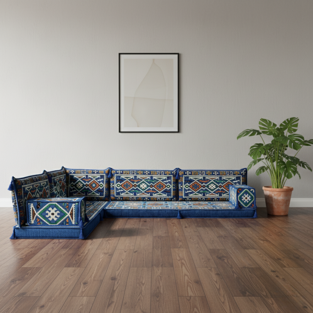 Arabic Floor Sofa Set – Blue L Shaped Majlis Sectional with 4 Inch Cushions