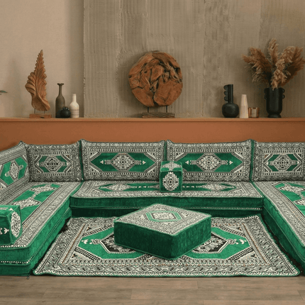 Arabic Floor Sofa Set – Green U Shaped Majlis Sectional with 8 Inch Cushions