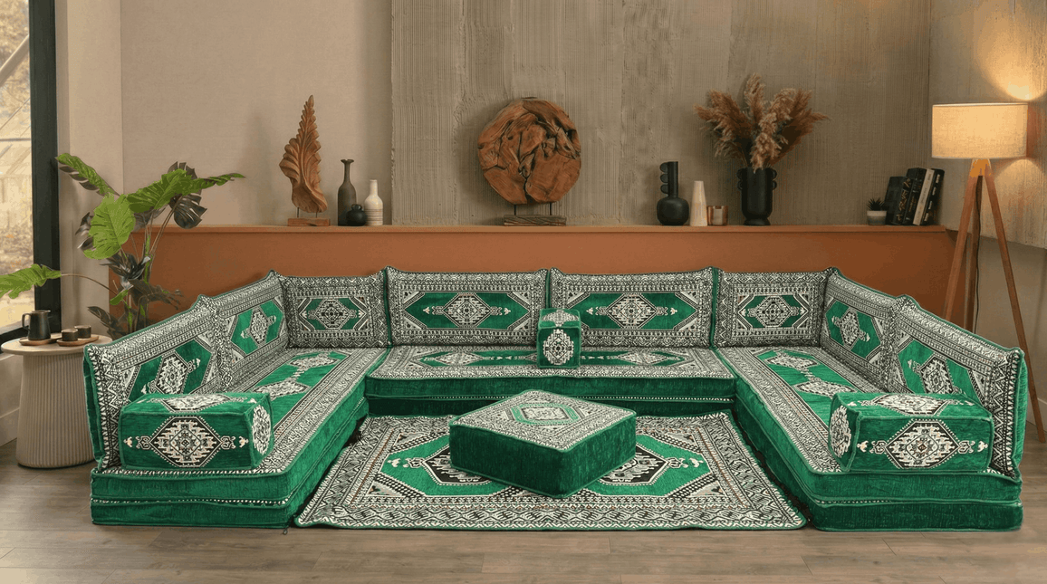 Arabic Floor Sofa Set – Green U Shaped Majlis Sectional with 8 Inch Cushions