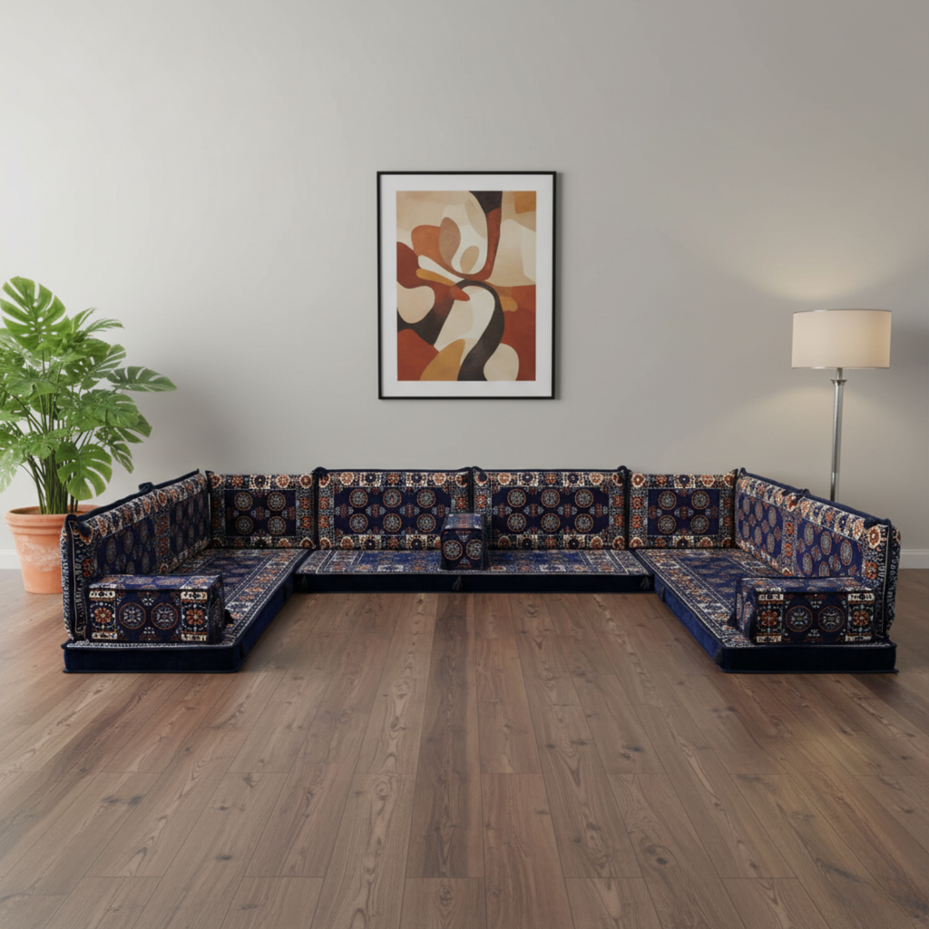 Arabic Floor Sofa Set – Navy U Shaped Majlis Sectional with 4 Inch Cushions
