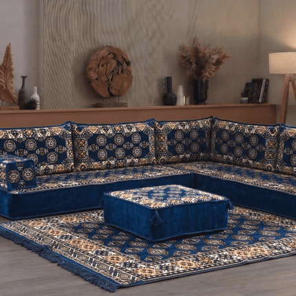 Arabic Floor Sofa Set – Navy L Shaped Majlis Sectional with 8 Inch Cushions