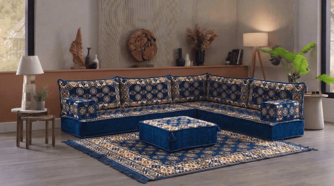 Arabic Floor Sofa Set – Navy L Shaped Majlis Sectional with 8 Inch Cushions