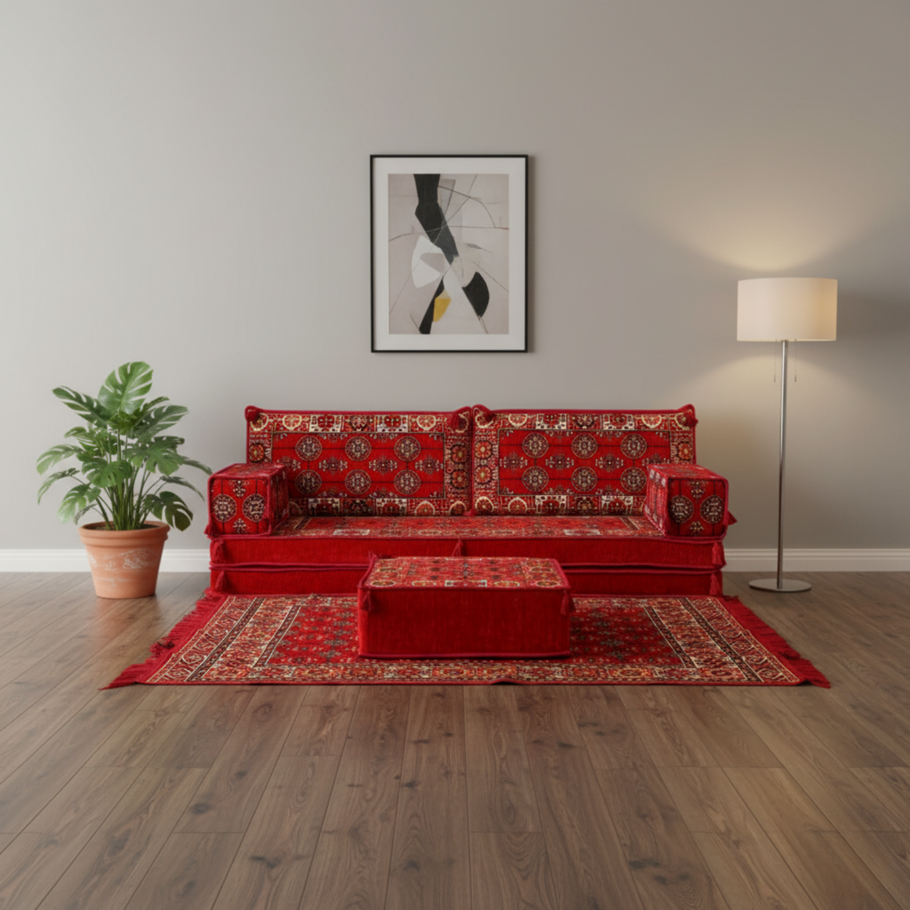 Arabic Loveseat Sofa Set – Red Loveseat Set with 4 and 8 Inch Cushion Options