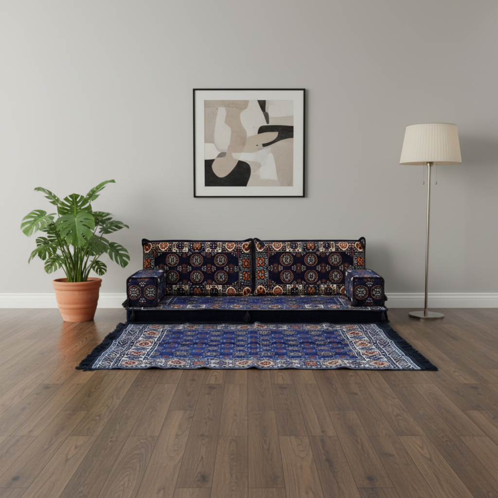 Arabic Loveseat Sofa Set – Navy Loveseat Set with 4 and 8 Inch Cushion Options