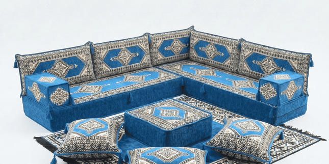Arabic Floor Sofa Set – Blue L Shaped Majlis Sectional with 8 Inch Cushions