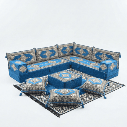 Arabic Floor Sofa Set – Blue L Shaped Majlis Sectional with 8 Inch Cushions