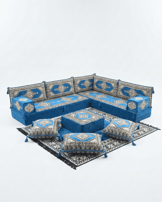 Arabic Floor Sofa Set – Blue L Shaped Majlis Sectional with 8 Inch Cushions