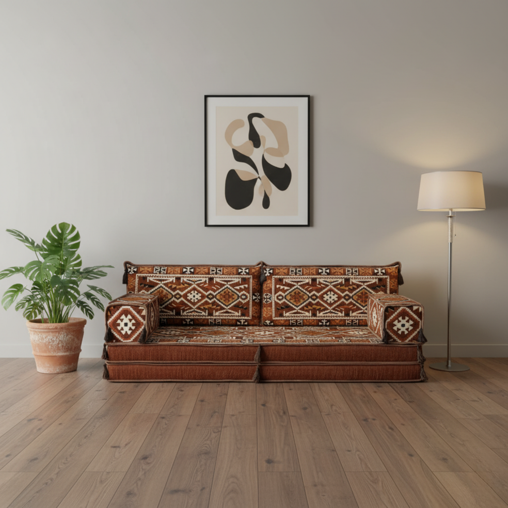 Arabic Loveseat Sofa – Brown Loveseat with 4 and 8 Inch Cushion Options