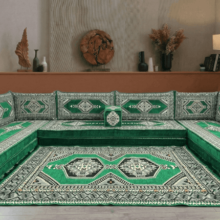 Arabic Floor Sofa Set – Green U Shaped Majlis Sectional with 8 Inch Cushions