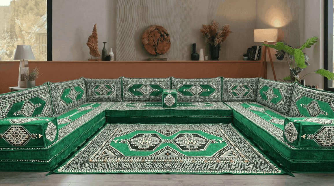 Arabic Floor Sofa Set – Green U Shaped Majlis Sectional with 8 Inch Cushions