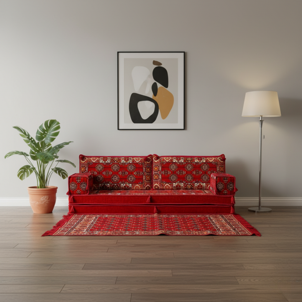 Arabic Loveseat Sofa Set – Red Loveseat Set with 4 and 8 Inch Cushion Options