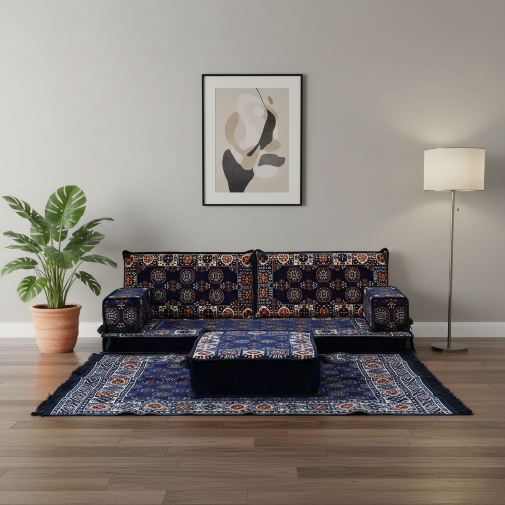 Arabic Loveseat Sofa Set – Navy Loveseat Set with 4 and 8 Inch Cushion Options