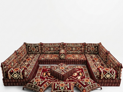 Cappadocia Kilim U-shaped Arabic majlis floor sofa in Burgundy, 8-inch cushions - photo 1