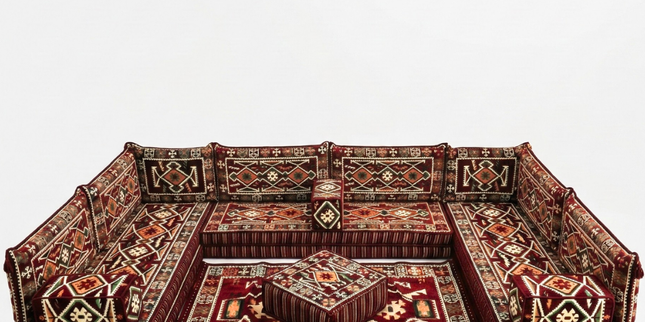 Arabic Floor Sofa Set – Maroon U Shaped Majlis Sectional with 8 Inch Cushions