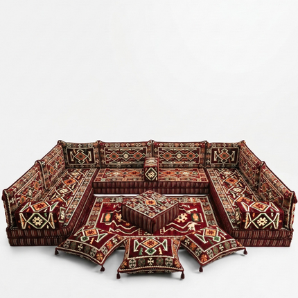 Arabic Floor Sofa Set – Maroon U Shaped Majlis Sectional with 8 Inch Cushions