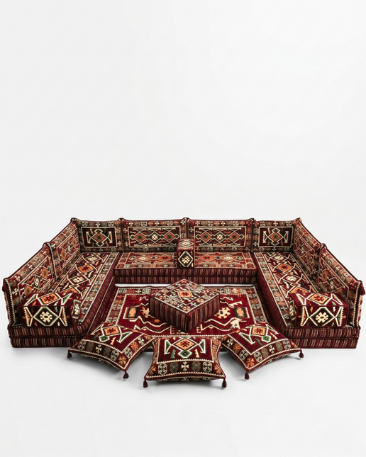 Arabic Floor Sofa Set – Maroon U Shaped Majlis Sectional with 8 Inch Cushions