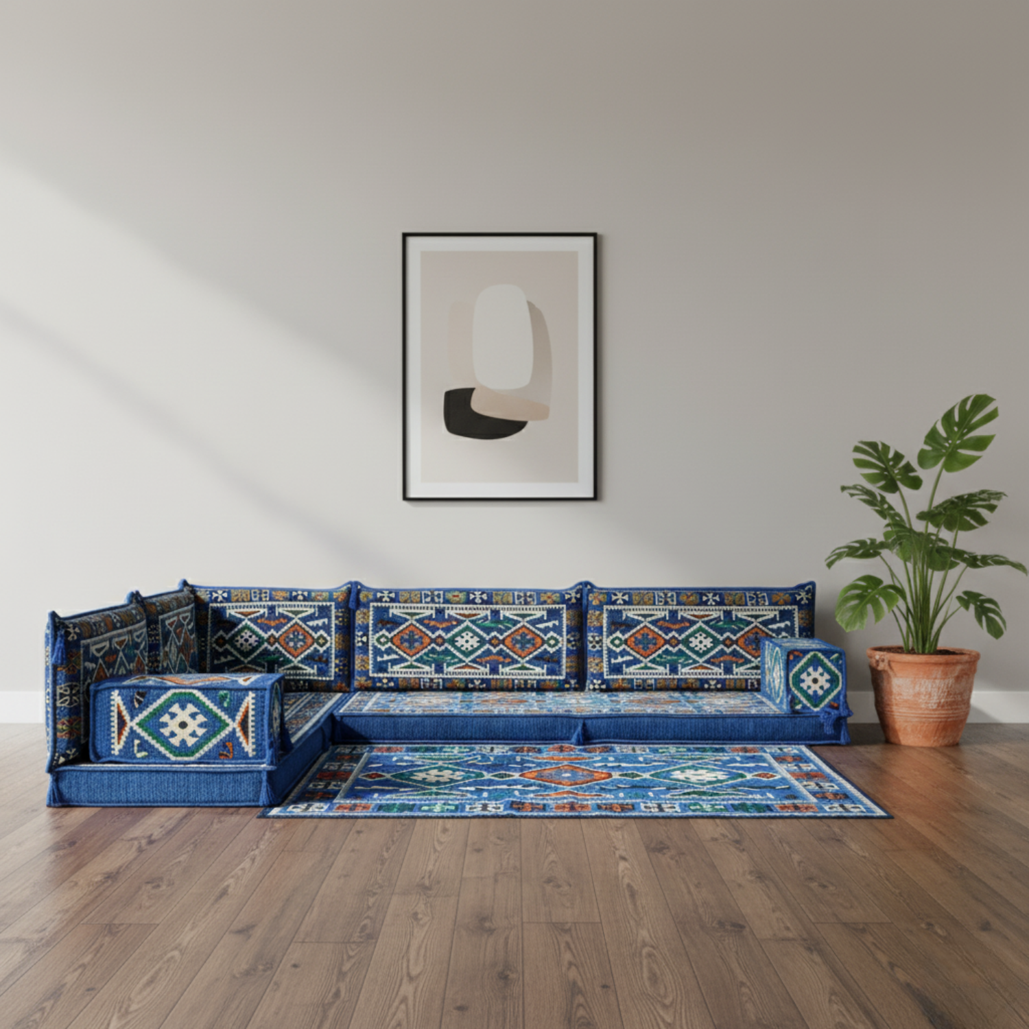 Arabic Floor Sofa Set – Blue L Shaped Majlis Sectional with 4 Inch Cushions
