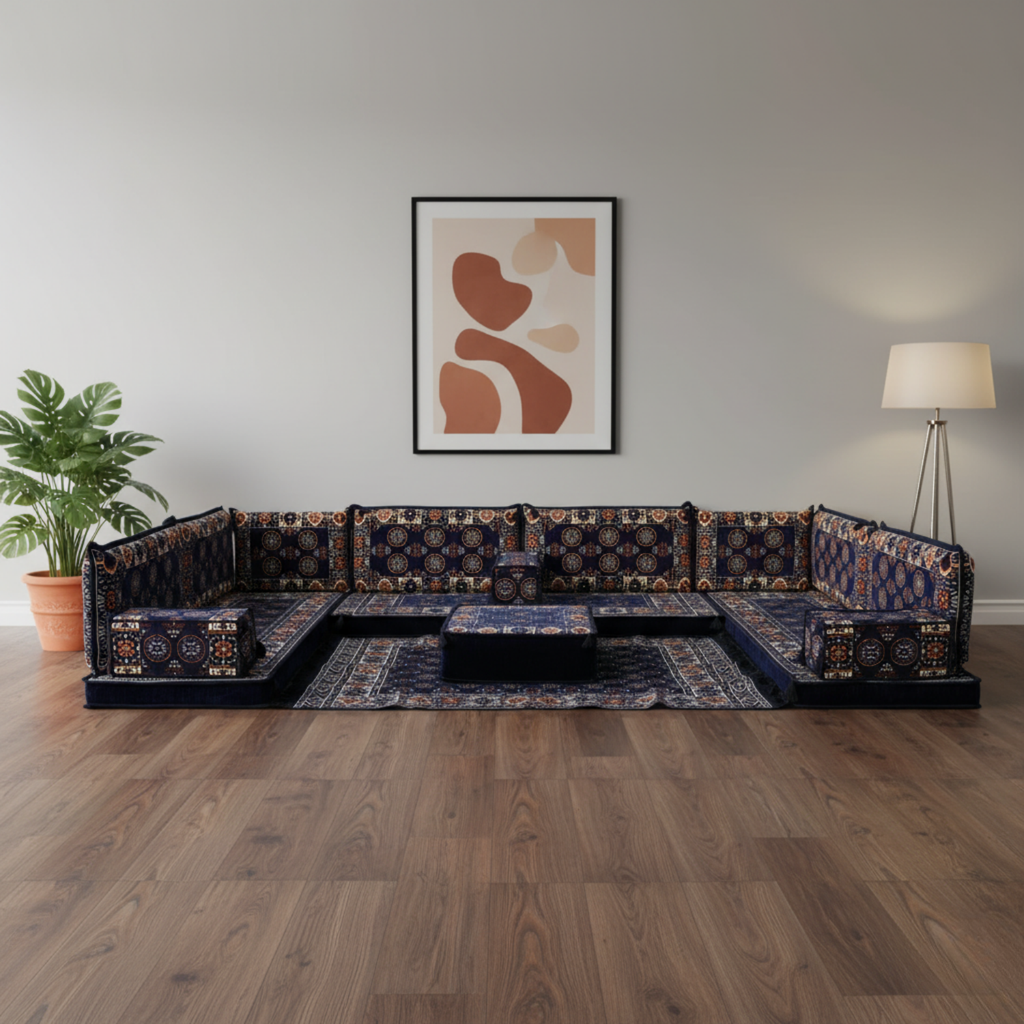 Arabic Floor Sofa Set – Navy U Shaped Majlis Sectional with 4 Inch Cushions