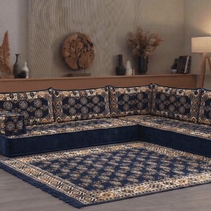 Arabic Floor Sofa Set – Navy L Shaped Majlis Sectional with 8 Inch Cushions