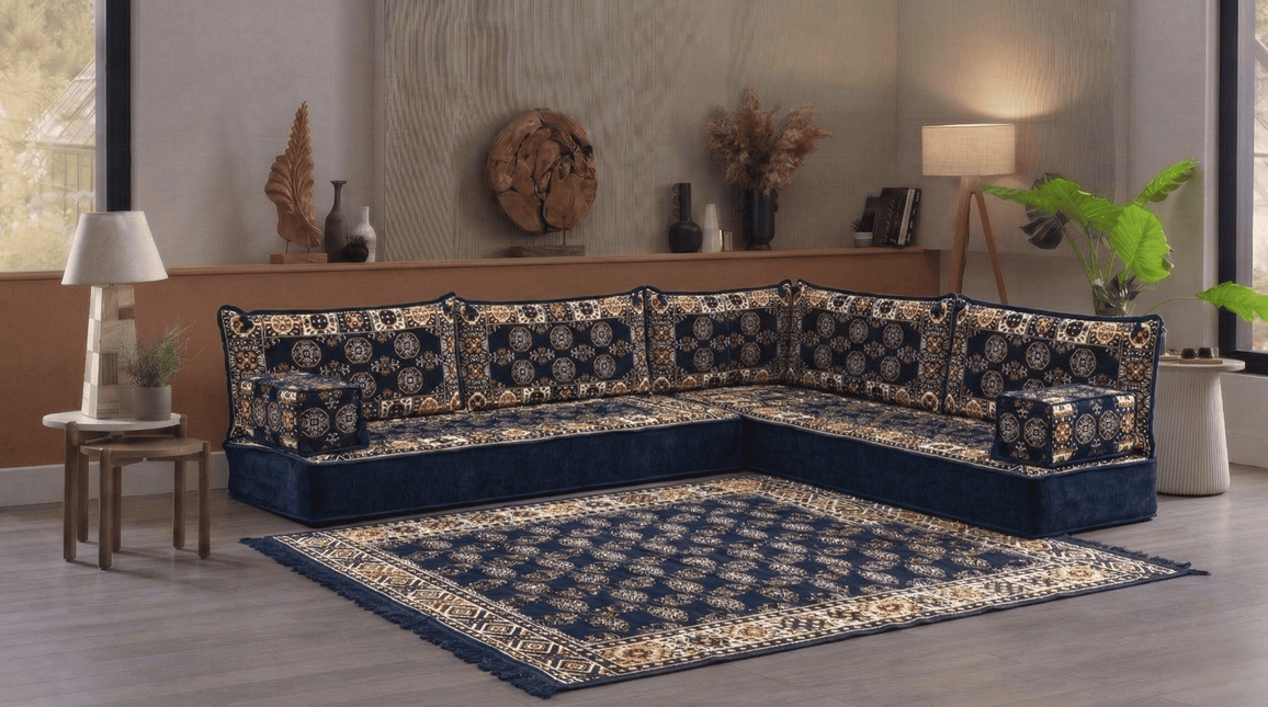 Arabic Floor Sofa Set – Navy L Shaped Majlis Sectional with 8 Inch Cushions