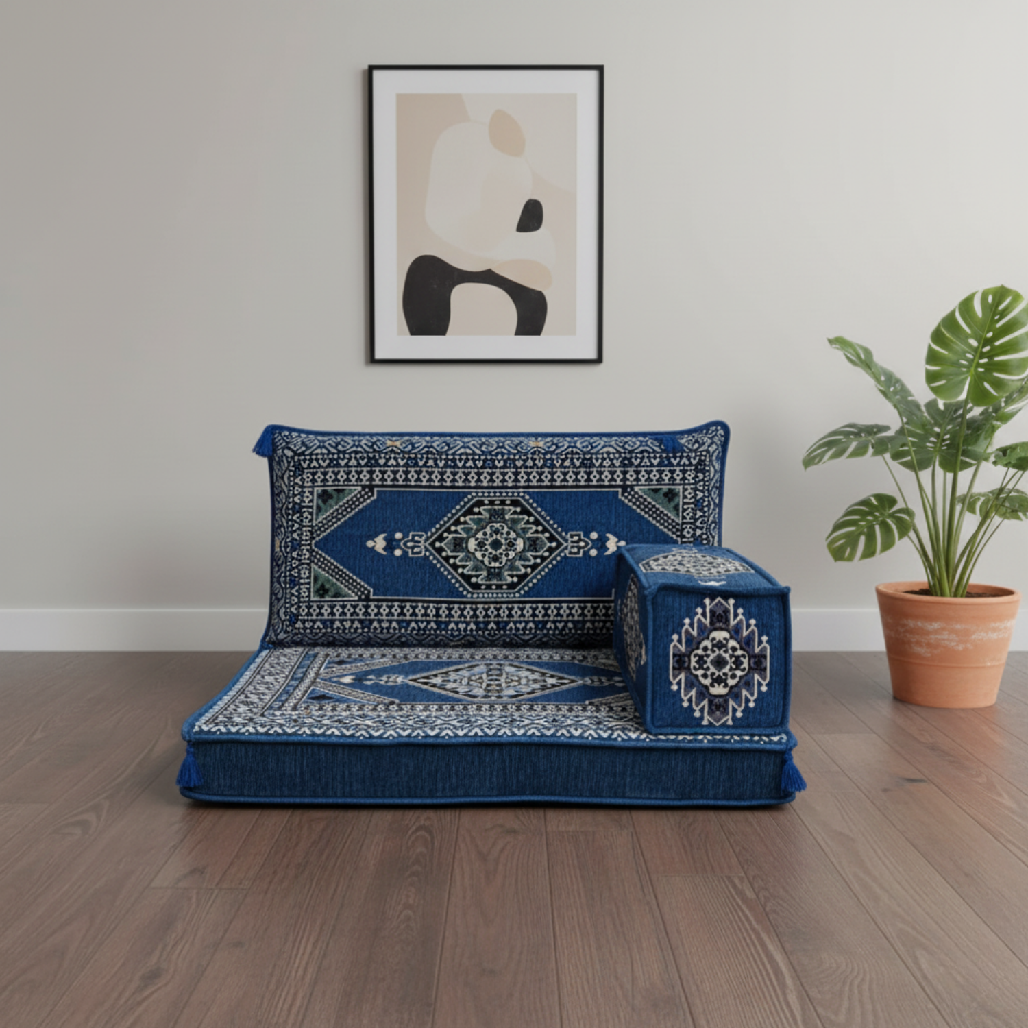 Arabic Half Loveseat Sofa – Blue Half Loveseat with 4 and 8 Inch Cushion Options
