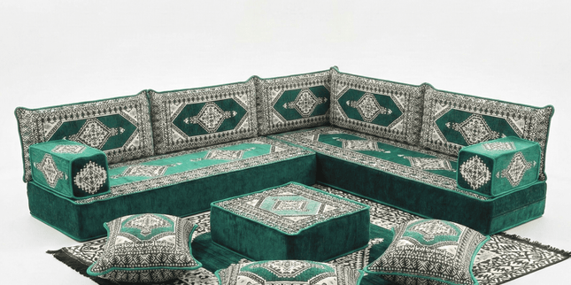 Arabic Floor Sofa Set – Green L Shaped Majlis Sectional with 8 Inch Cushions