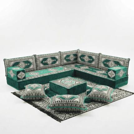 Arabic Floor Sofa Set – Green L Shaped Majlis Sectional with 8 Inch Cushions