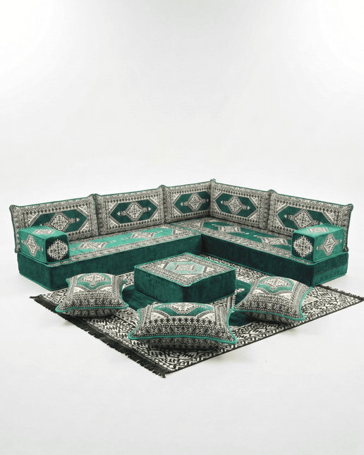 Arabic Floor Sofa Set – Green L Shaped Majlis Sectional with 8 Inch Cushions