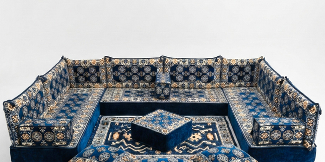 Arabic Floor Sofa Set – Navy U Shaped Majlis Sectional with 8 Inch Cushions