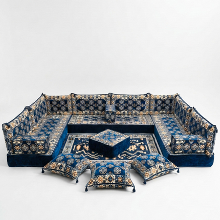 Arabic Floor Sofa Set – Navy U Shaped Majlis Sectional with 8 Inch Cushions