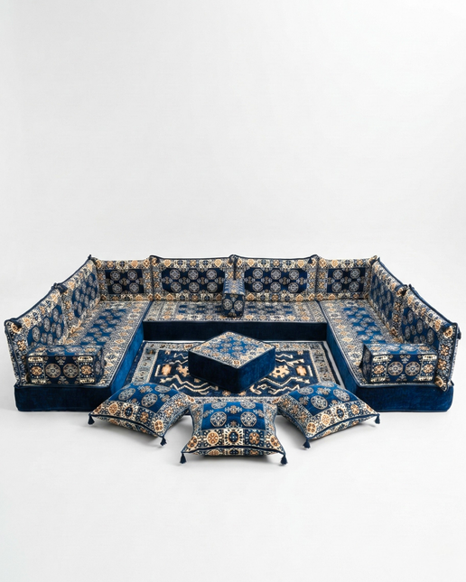Arabic Floor Sofa Set – Navy U Shaped Majlis Sectional with 8 Inch Cushions