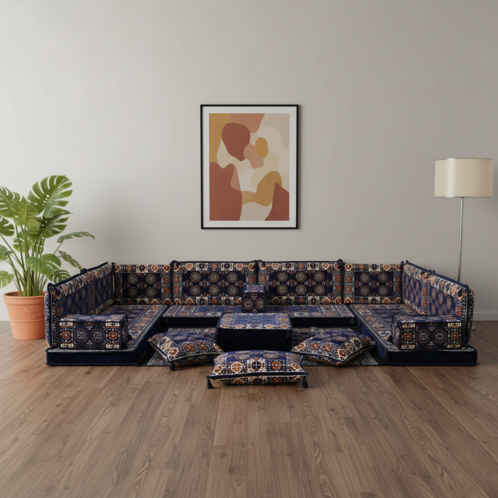 Arabic Floor Sofa Set – Navy U Shaped Majlis Sectional with 4 Inch Cushions