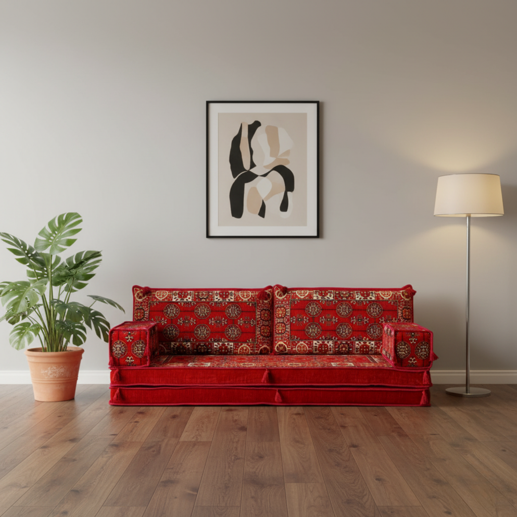 Arabic Loveseat Sofa Set – Red Loveseat Set with 4 and 8 Inch Cushion Options