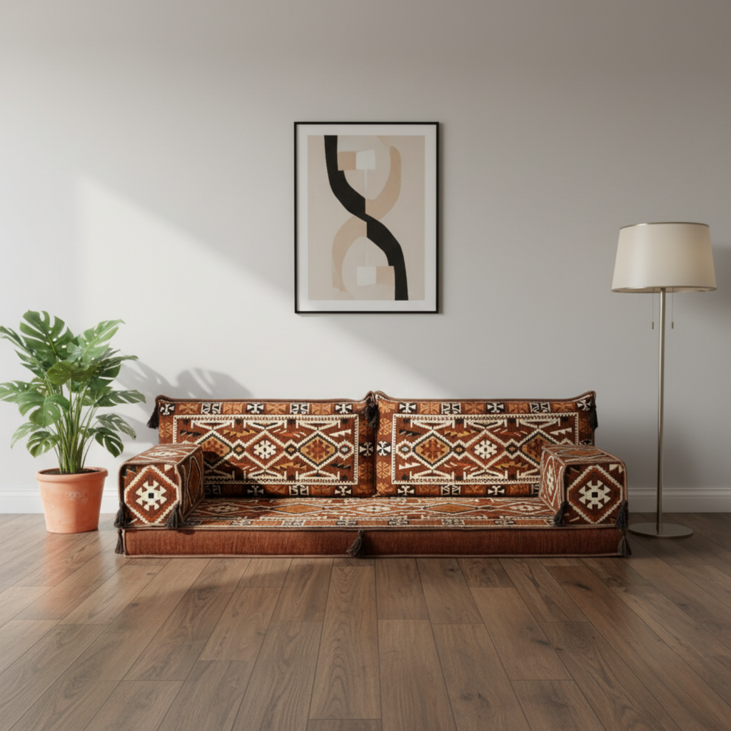 Arabic Loveseat Sofa – Brown Loveseat with 4 and 8 Inch Cushion Options
