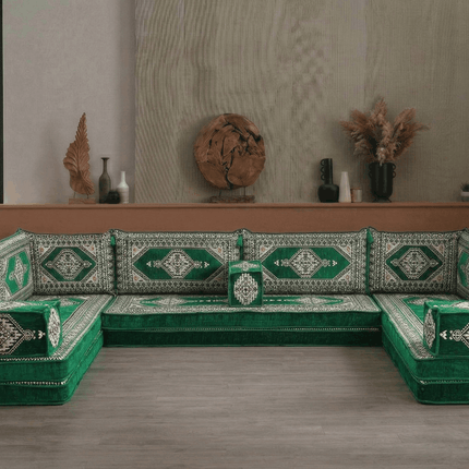 Arabic Floor Sofa Set – Green U Shaped Majlis Sectional with 8 Inch Cushions