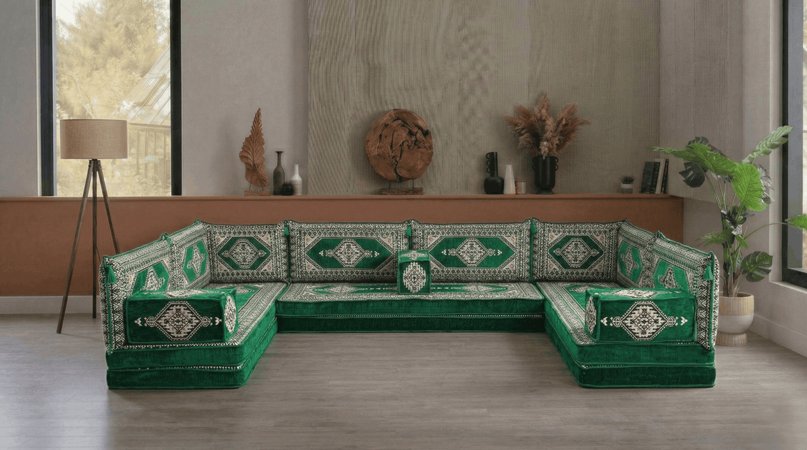 Arabic Floor Sofa Set – Green U Shaped Majlis Sectional with 8 Inch Cushions