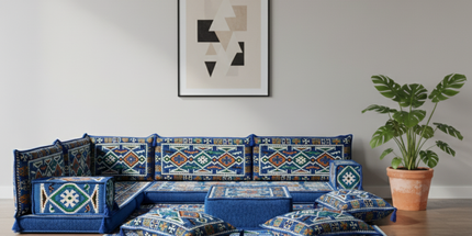 Arabic Floor Sofa Set – Blue L Shaped Majlis Sectional with 4 Inch Cushions